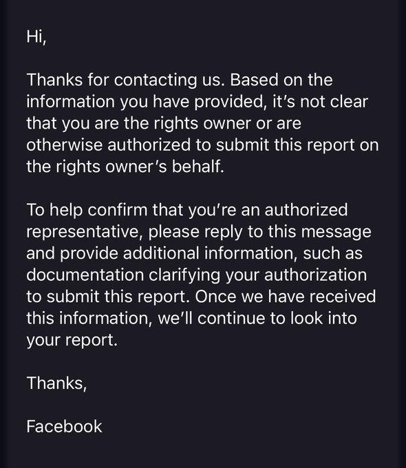 I&rsquo;ve filed hundreds of DMCA takedowns and I&rsquo;ve never received a response like this, until Facebook.   Can