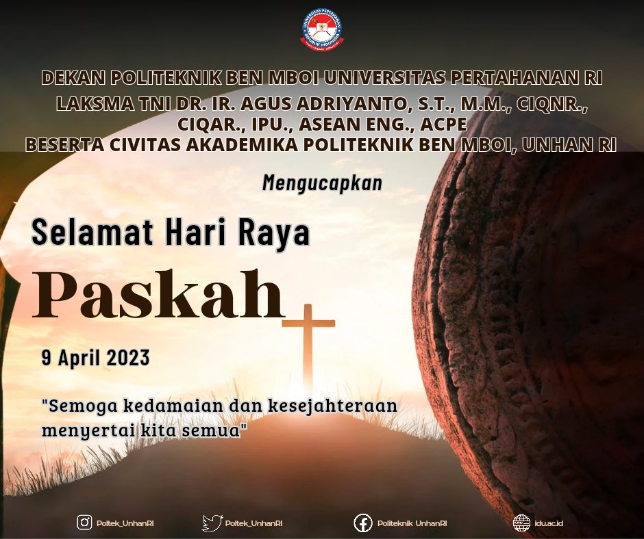 Poltek_UnhanRI's tweet photo. Segenap Civitas Akademika Poltek Ben Mboi Unhan RI di Belu NTT, mengucapkan Selamat Hari Raya Paskah. Semoga Tuhan Memberkati https://t.co/97DJ7s6Orw