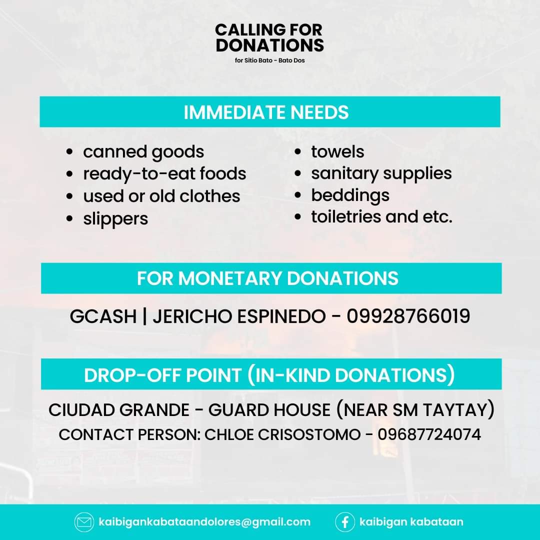 Ava_Laureign's tweet photo. Calling for Donations for the Victims of Bato-Bato 2 Fire 

For monetary donations: 
• GCASH | JERICHO ESPINEDO - 09928766019

Drop-off point (in kind donations): 
• Ciudad Grande – Guard House (Near SM Taytay)
• Contact person: Chloe Crisostomo – 09687724074 https://t.co/kXDlNvFcvV