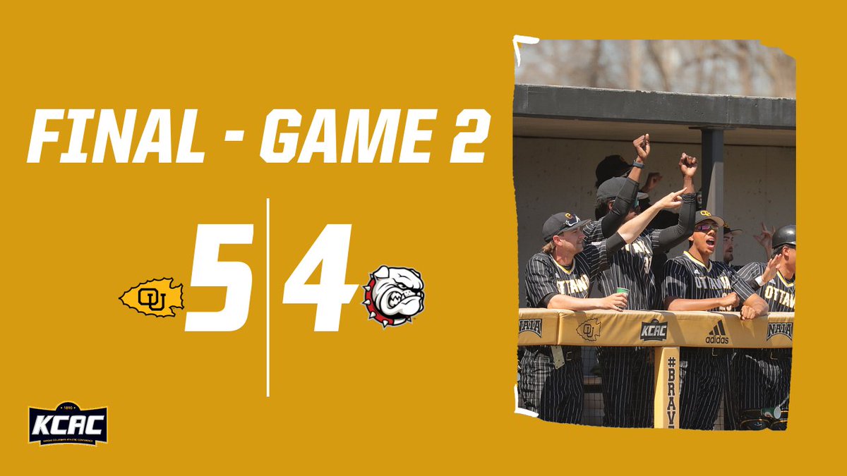 BravesAthletics's tweet photo. .@Ottawa_Baseball Gabe Eckstaine hits the game winning RBI. His hit scores Jarret Gage to give OU the 5-4 win in game 2 of the DH in 8 inning. #BraveNation #KCACscores https://t.co/w2QYiNekYx