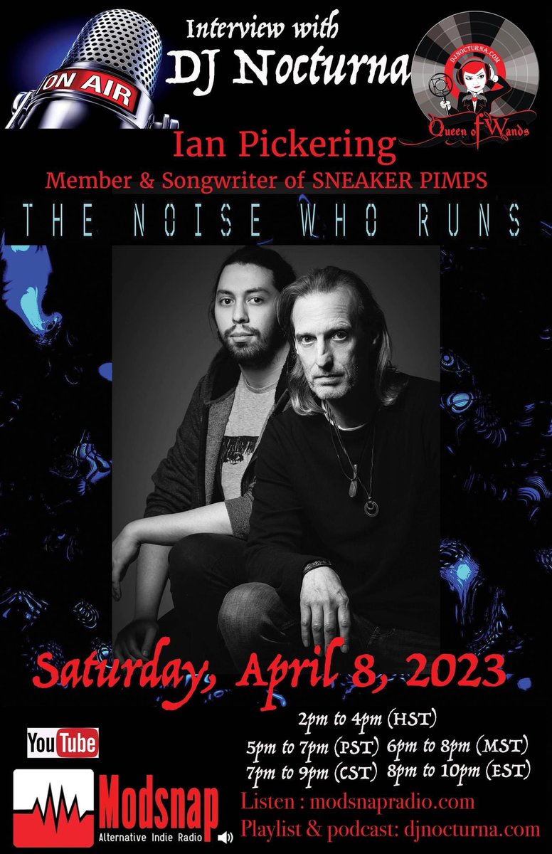 djnocturna's tweet photo. Today on @modsnapradio my interview with songwriter from the sensational English triphop band #SneakerPimps @SneakerPimpsNow #IanPickering and his new project #TheNoisewhoRuns 
Thank you @ShamelessPR_  #DJNocturna interview will also be on YouTube #InterviewwithDJNocturna https://t.co/TFQrzcpoWe