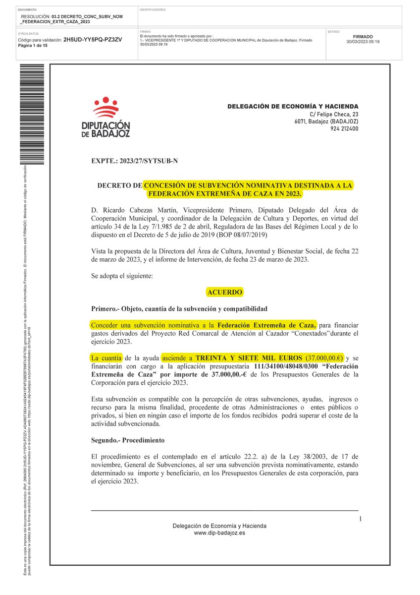 💼La <a href="/DipdeBadajoz/">Diputación de Badajoz</a> ha concedido una #Subvención a la @fedexcaza_web por un importe de 37.000 €

💰El total de #Subvenciones públicas percibido por @fedexcaza_web entre el 18/03/2016 y el 30/03/2023 asciende a 771.086,08 €

#SubvencionesALaCaza