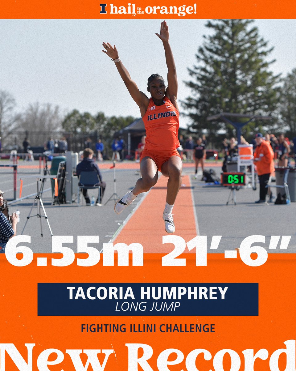 IlliniTrackXC's tweet photo. 🚨SCHOOL RECORD🚨

🥇 @tacoriaaaa1 shatters her own school record in long jump win, 6.55m (21-6).
🔶 This mark currently places her as the 4th furthest long jump in the NCAA.

#Illini I #HTTO https://t.co/BwjDQ9jnCS