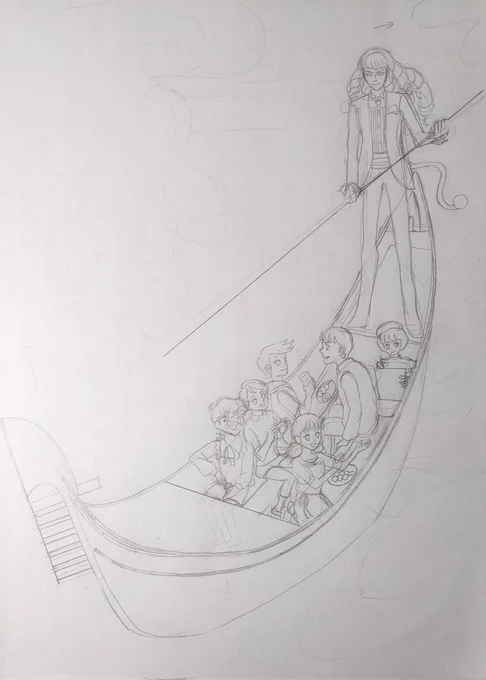意外と全員集合絵は描いてない。ハロウィンの時はドラのび、ドラ兄妹、子どもたちの絵で、冗長かなと思って全員集合絵は取りやめたの。全体で気分や風景を作る集合絵は楽しいんですよね。ちょっとずつ描いていこうかな。ドラが派手なので日本の渡し船→ベネツィアのゴンドラに。#鉛筆画 