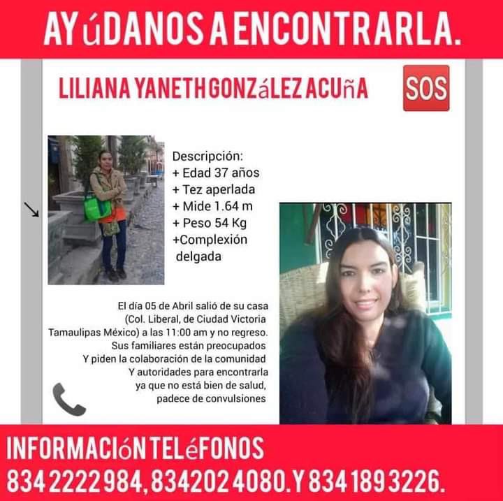 brujasdelmar's tweet photo. #Tamaulipas | Solicitamos su apoyo para compartir la ficha de búsqueda de Liliana Yaneth González, no se sabe de su paradero desde el 5 de abril cuando salió de su domicilio en Ciudad Victoria. Cualquier información valiosa puede ser reportada a los números de la imagen. https://t.co/ELZoA3SCyz