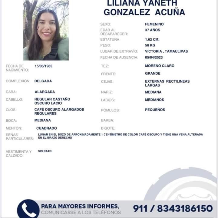 brujasdelmar's tweet photo. #Tamaulipas | Solicitamos su apoyo para compartir la ficha de búsqueda de Liliana Yaneth González, no se sabe de su paradero desde el 5 de abril cuando salió de su domicilio en Ciudad Victoria. Cualquier información valiosa puede ser reportada a los números de la imagen. https://t.co/ELZoA3SCyz