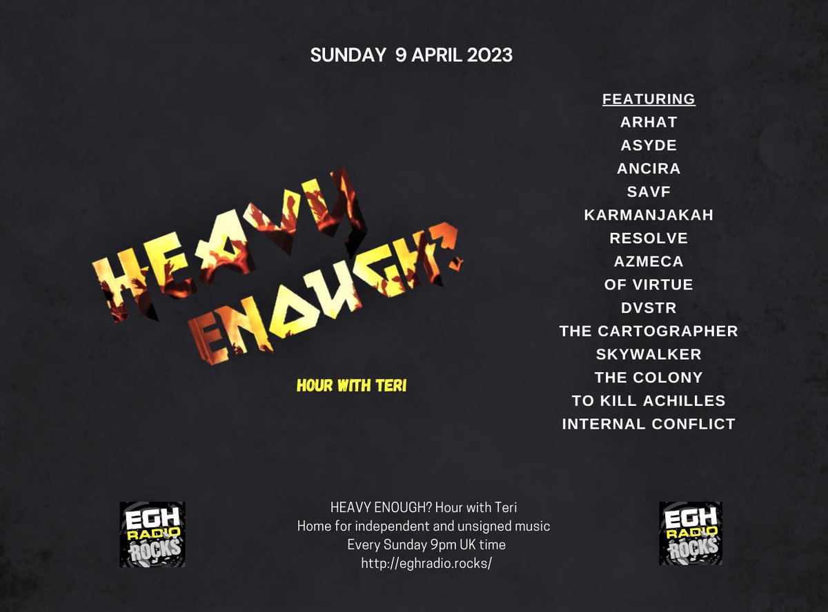 MusicMattersTee's tweet photo. Sunday 9pmBST #HeavyEnough hour on @EGHRocks airing worldwide  
#ListenHere https://t.co/aQGYmXtSH9

Listen to the new bangers from-
@OFVIRTUE #DVSTR @Cartographer_UK @skywalkerband @the_colonyband @ToKillAchilles @IntConflict +more
Info:https://t.co/ivr7EnJbZH
#NewMusicAlert https://t.co/lasvfzN5LU