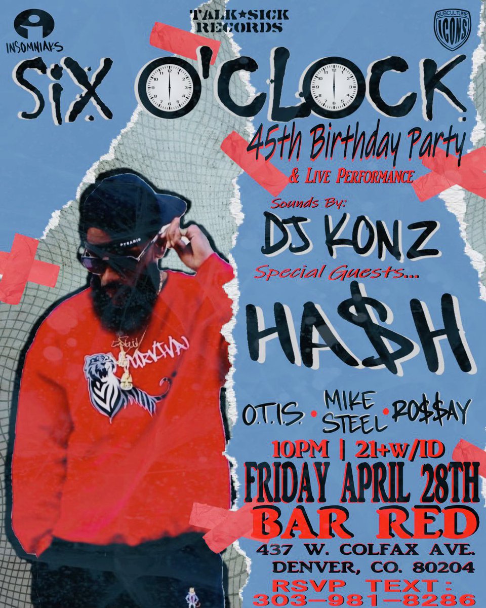 Hashgotbars's tweet photo. Friday 4/28 I’ll be at @BarRedDenver rockin wit my boy Six O’clock for his 45th lap around the sun ☀️ it’s FREE hit the number on the flyer to RSVP! THE LINE UP THO! 👀
#hashgotbars #survival7ent #thehandsomeakh #independent #hiphop #rapper #Denver #hiphopculture https://t.co/vZEyj76sTJ