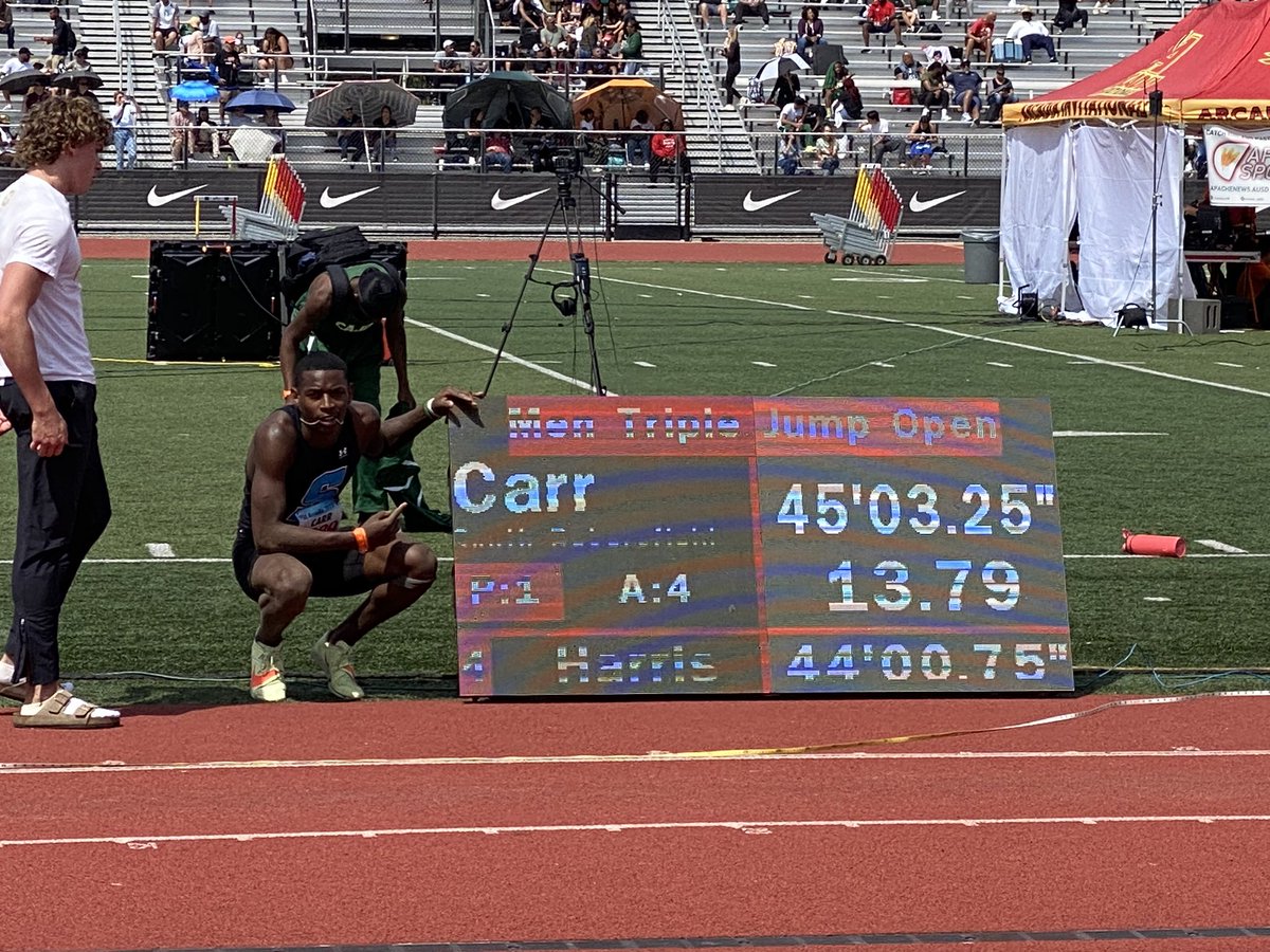 Open triple jump champion, SHANE CARR (Sr) 45’ 3” #SHSSpartans #ArcadiaInvite 
Super proud of what this guy can do