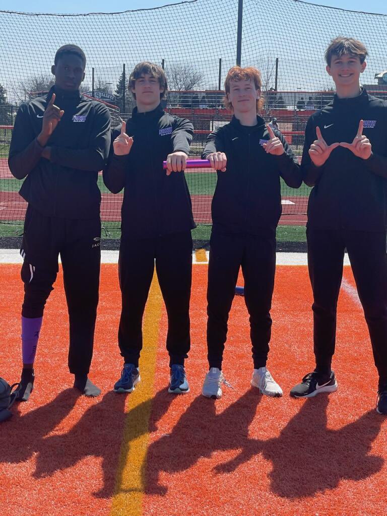 Sophomores Tim Denou and Ethan Kist combine with freshmen Max Troha and Jake Davero to set a new sophomore school record in the 4x1 in 44.4 (awaiting the final FAT reading)!
