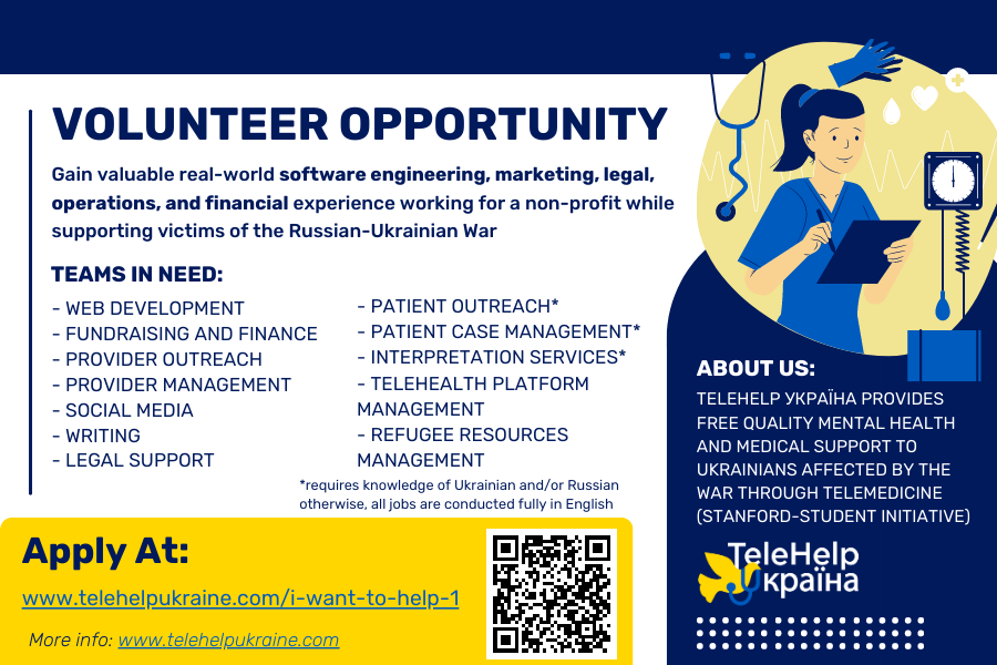 TelehelpUkraine's tweet photo. Want to help Ukrainians through telemedicine? This is a fantastic chance for!
We're a nonprofit providing free mental health and medical support through telemedicine to Ukrainians affected by the Russian invasion. We need volunteers to continue growing and providing more help! https://t.co/tcjSWur4zp