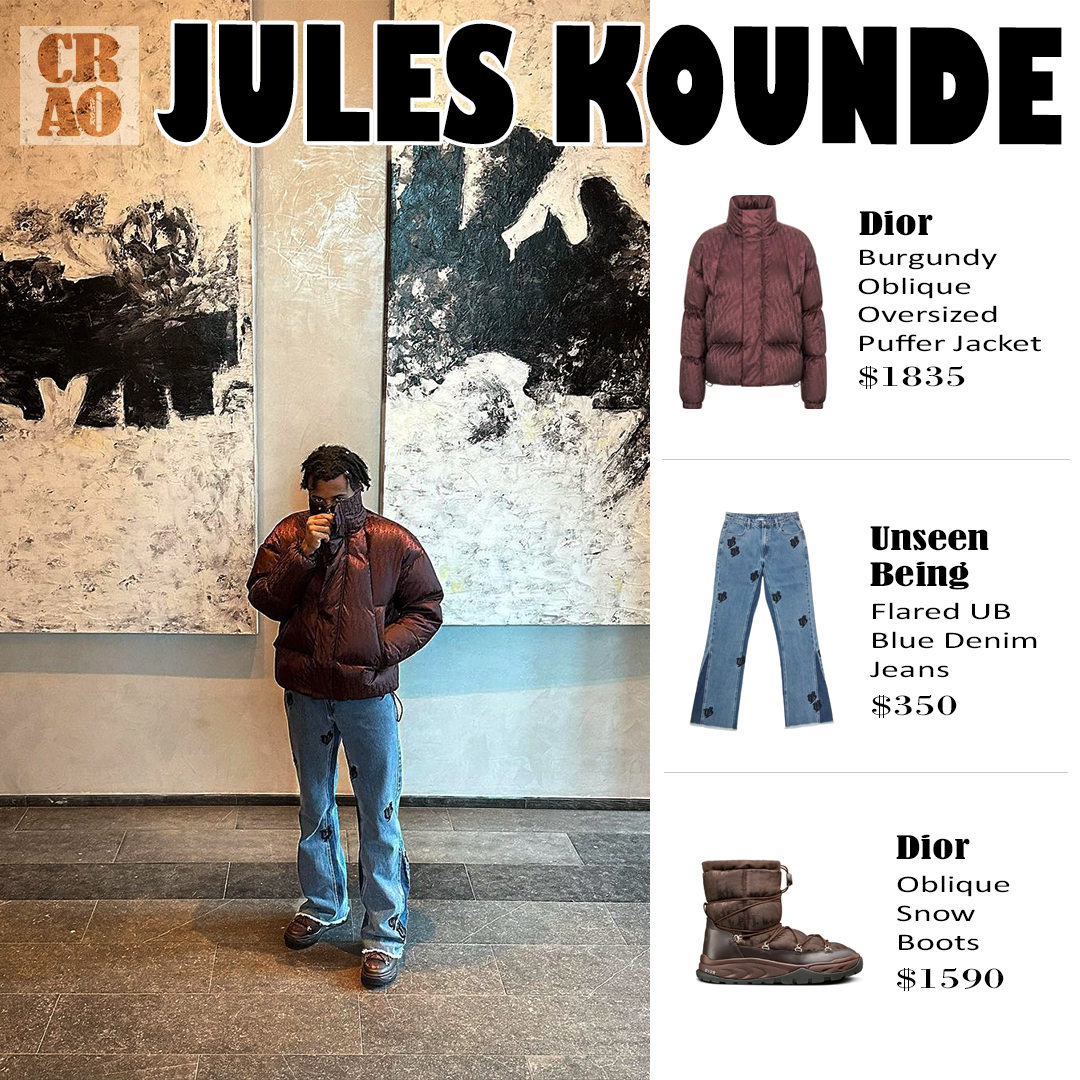 OfcaroStyle's tweet photo. Jules Kounde wearing :
.
.
. @dior Burgundy Oblique Oversized Puffer Jacket ($1835)
.
. @unseen.being Flared UB Blue Denim Jeans ($350)
.
. @dior Oblique Snow Boots ($1590)
.
.
#juleskoundé #juleskounde #dior #diorpuffer #diorpufferjacket #diorjacket #unseenbeings #denimjeans https://t.co/NACvecXXd8