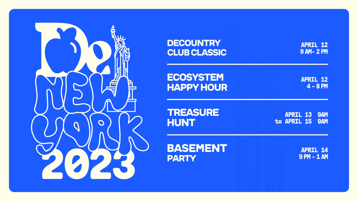 DeGodsNFT's tweet image. We're excited to announce DeNYC, an incredible multi-day experience built for our community members

This thread covers the official DeNYC event schedule, many of which are open to the public

All info and RSVP links can be found at nyc.degods.com