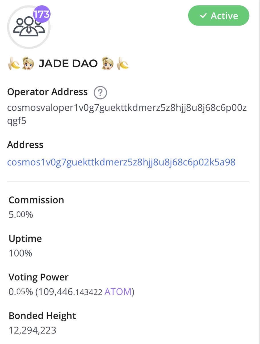 Move some delegations to the JADE DAO bare metal validator. It’s about decentralization. Keep a woman in Cosmos. $atom