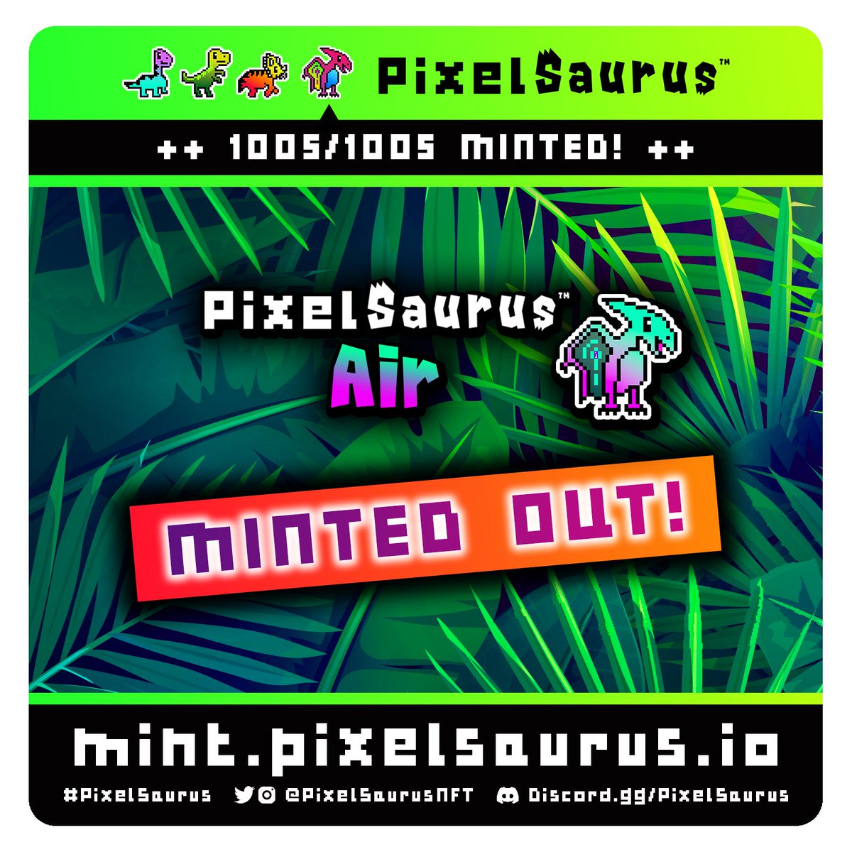 PixelSaurus's tweet image. We did it! 🎉 PixelSaurus™ Air has MINTED OUT!

We did this DURING a bear market, organically, with no paid shillers, no VC backing and with the support of AMAZING people &amp;amp; projects in the #NFT community!

From the bottom of our hearts, THANK YOU! 💚

Never stop building. 🦕🦖🌋