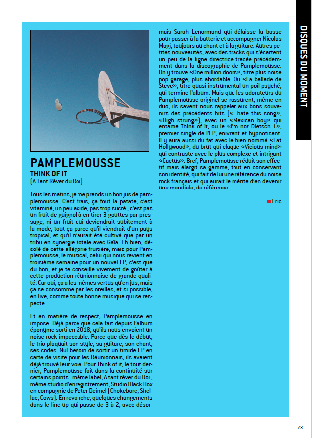 #WFENECMAG / N°55 : #CHRONIQUE p.73 de “Think Of It“ de Pamplemousse (A Tant Rever Du Roi) -&gt; w-fenec.org 
#Pamplemousse #Rock #NoiseRock #indierock #atantreverduroi #review