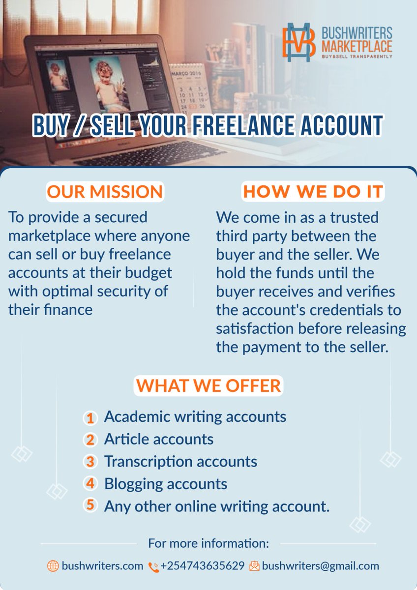 REDEMPTION IS HERE FOR FREELANCERS 

YOU CAN NOW BUY & SELL ONLINE WRITING ACCOUNTS ON BUSHWRITERS MARKETPLACE 

VISIT the freelancers' marketplace today @ bushwriters.com
#freelancers
#BushwritersM
#onlinewriting
