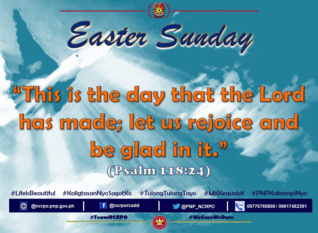 PNP_NCRPO's tweet photo. This is the day that the Lord has made. Let us celebrate!
@PNPCHS
https://t.co/TOWn7wr8sJ
#HolyWeek2023
#BlackSaturday
#LifeIsBeautiful
#KaligtasanNyoSagotKo
#MKKequalsK
#TulongTulongTayo
#PNPKakampiNyo
#WeServeAndProtect
#MakaDiyos
#Makatao
#Makakalikasan
#Makabansa https://t.co/SaGXkCeIcc