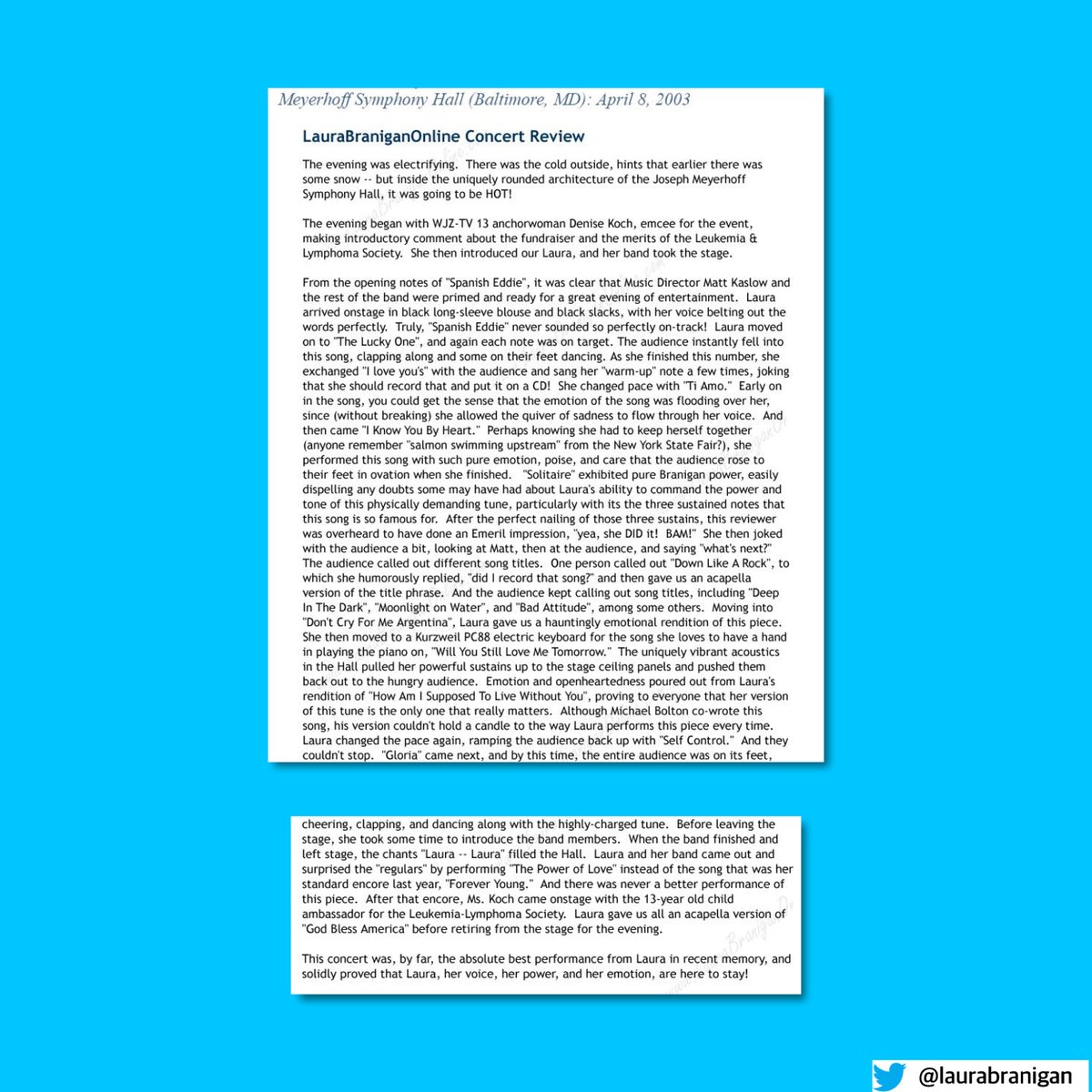 #OTD #Concert #Archives 4/8/2003-20 yrs. ago #LauraBranigan performed #benefitconcert for the #LeukemiaAndLymphomaSociety, as co-headliner along with #LittleRiverBand, at #MeyerhoffSymphonyHall, #Baltimore, MD. As usual after LB's shows, we placed our #concertreview on…