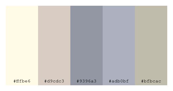 ColPaletteBot's tweet photo. Beep beep, here's a pretty color palette for you!
color-scheme.js parameters used:
- hue: 247
- variation: pale
- colors: #fffbe6, #d9cdc3, #9396a3, #adb0bf, #bfbcac
Have a lovely evening!
#twitterbot #colorpalette #colors #palette #prettycolors https://t.co/jLCYjhMsEs