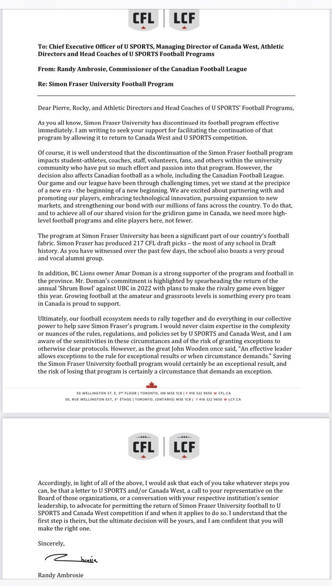 Farhan Lalji (@farhanlaljitsn) on Twitter photo Very much appreciate <a href="/RandyAmbrosie/">Randy Ambrosie</a> & the <a href="/CFL/">CFL</a> supporting <a href="/sfufbalumni/">SFU Football Alumni</a> in this way. Hopefully we can revive the program soon & find a new home in <a href="/USPORTSca/">U SPORTS</a> & <a href="/CanadaWest/">Canada West</a>. #SaveSFUFOOTBALL Sign the petition:
forms.office.com/r/6DSz3ixMsY Very much appreciate <a href="/RandyAmbrosie/">Randy Ambrosie</a> & the <a href="/CFL/">CFL</a> supporting <a href="/sfufbalumni/">SFU Football Alumni</a> in this way. Hopefully we can revive the program soon & find a new home in <a href="/USPORTSca/">U SPORTS</a> & <a href="/CanadaWest/">Canada West</a>. #SaveSFUFOOTBALL Sign the petition:
forms.office.com/r/6DSz3ixMsY