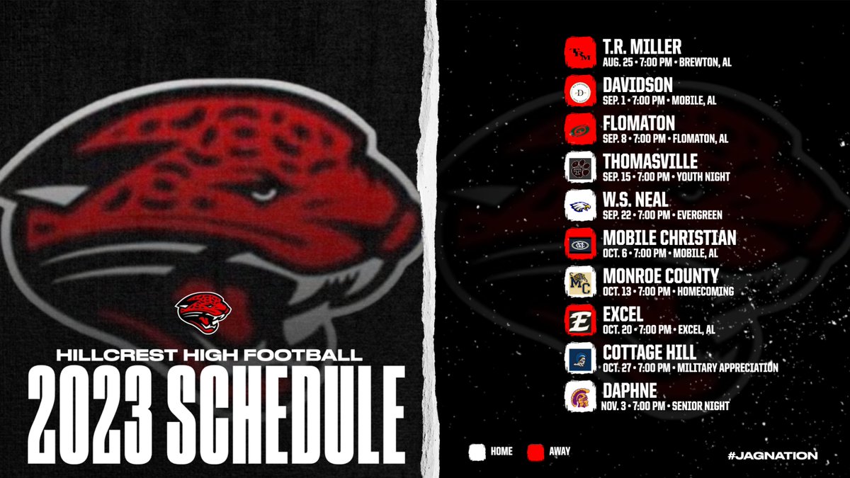 hillcrest_jags's tweet photo. #JAGNATION

Here's the 2023 football schedule.

Important dates:

First Game: August 25th
First Home Game: September 15th
Homecoming: October 13th
Senior Night: November 3rd https://t.co/VSpztPW5fn