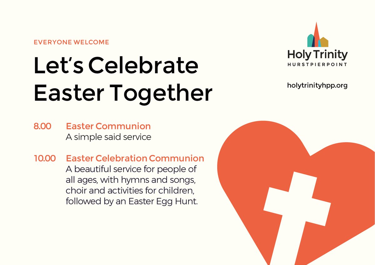 HolyTrinityHpp's tweet photo. Let's celebrate #Easter together - everyone welcome! 8am Easter Communion - a simple said service.  10am #EasterCelebration Communion - a beautiful service for people of all ages, with hymns &amp; songs, choir &amp; activities for children, followed by an #EasterEggHunt @ChichesterDio https://t.co/H42nB2eIuf