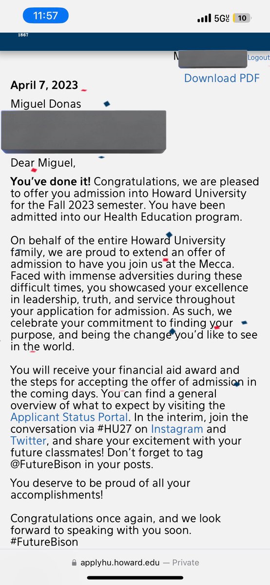 Miguel got into Howard!!!!!!!! It is extremely difficult to get into this school.. He never ceases to amaze me but this right here is next level!!!! @FutureBison #HU27