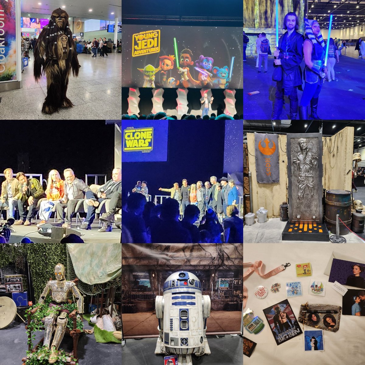 Kittiesandbooks's tweet photo. Day 2 #SWCE2023 was crazy! Ran into @skytalkerspod ! Met #NealScanlan so sweet &amp; got to tell him how much I love his work! Went to the greatest panel thanks to @MarieCGould @ScavengersHoard @LKirwanAshman ! Clone Wars💛! Watched #ReturnofTheJedi for its 40th anniversary🥰! 😴😴😴 https://t.co/4zUHWqy8J3