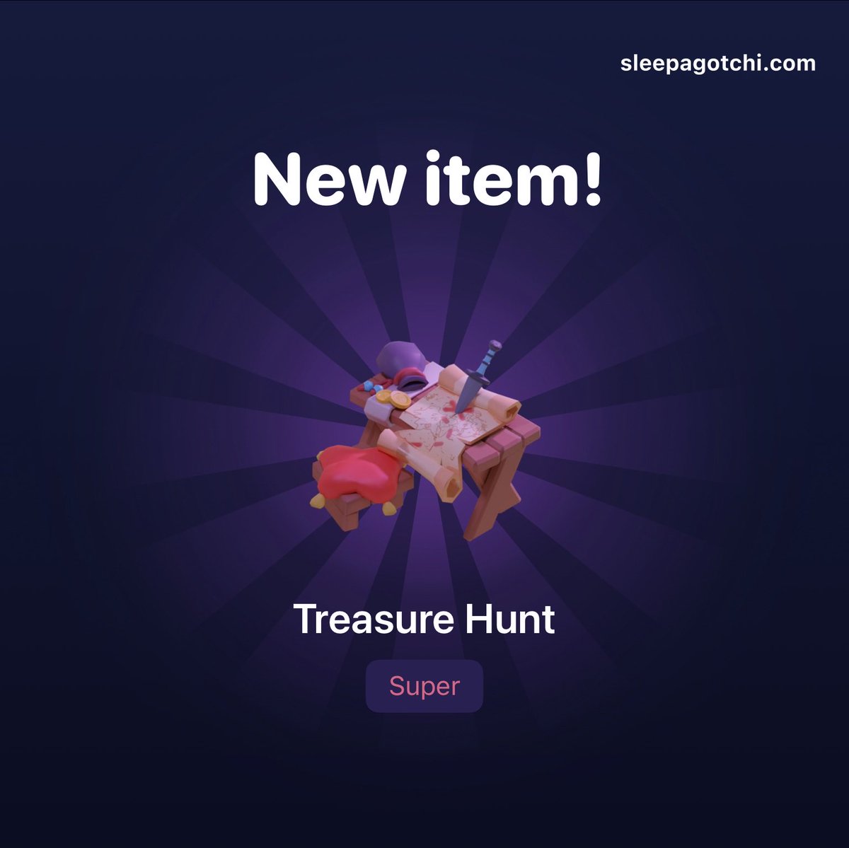 nft95501's tweet photo. I dropped a Super Setting “Treasure Hunt“ today in #Sleepagotchi. Chances of that item dropping are 0.16% https://t.co/HWYzsWwYxR
