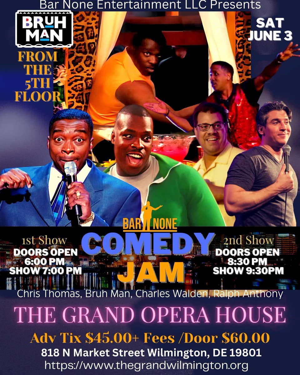 BarNoneEnt's tweet photo. "Bruh Man" from the 5th floor is coming to the Grand Opera House for two shows on Saturday June 3rd with the Mayor of Rap City Chris Thomas and more for the Bar None comedy Jam!!! Tickets will be available for this event next week.
#Wilmingtonde #Delaware  #inwilm #bruhman https://t.co/gXnmnI9pgj