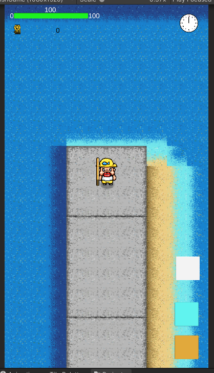 メイン画面調整中。タイルマップで背景を配置したのでこの上に海面のエフェクトをつける感じです。UIなどは仮配置。