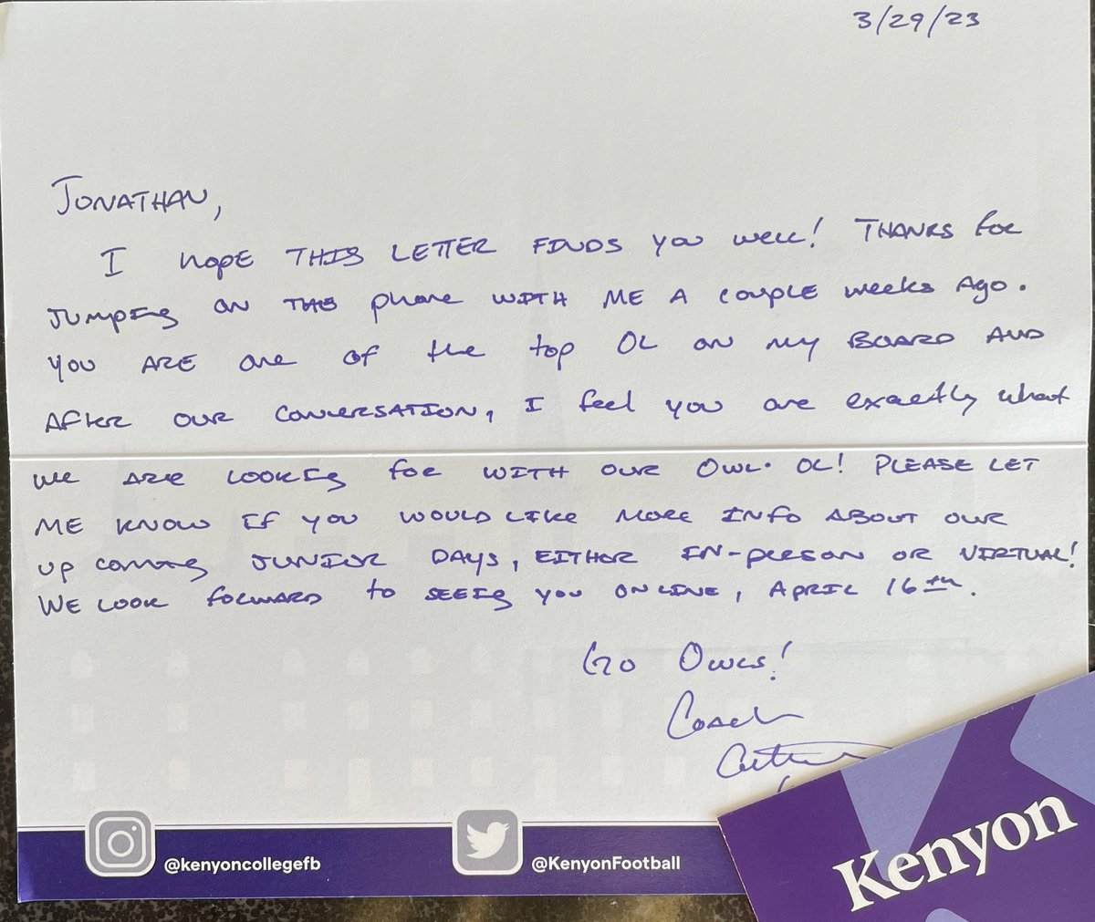 JonMcLaughlin55's tweet photo. Thank you @Coach_Cattrell for the handwritten note!  Looking forward to the virtual Junior Day.  @KenyonFootball @coachrdodge @SLC_Recruiting @5qpLinepride https://t.co/JI4CPKeOio