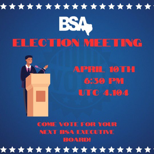 Join us on Monday to vote for the 2023 - 2024 BSA executive board! You must be present at the meeting to vote‼️ 🗳️