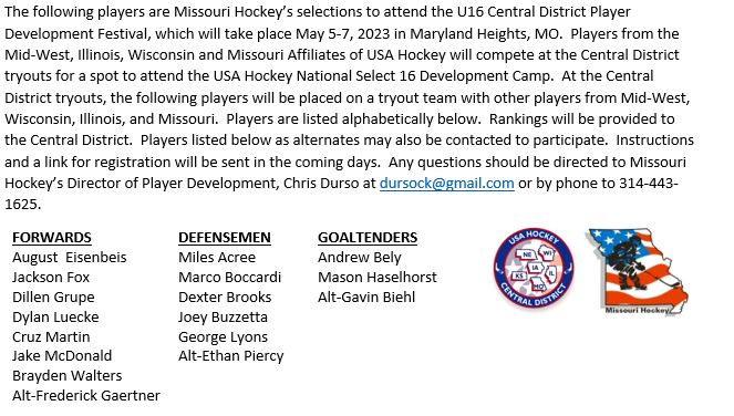 Missouri Hockey Player Development (@mohocplayerdev) on Twitter photo Congratulations to Missouri Hockey's selections to attend the 2023 U16 Central District Player Development Festival in Maryland Heights, MO
<a href="/STLCIC/">Centene Community Ice Center</a>, May 5-7, 2023. <a href="/mohockeyyd/">MO Hockey Youth Div</a>
<a href="/usahockey/">USA Hockey</a> Congratulations to Missouri Hockey's selections to attend the 2023 U16 Central District Player Development Festival in Maryland Heights, MO
<a href="/STLCIC/">Centene Community Ice Center</a>, May 5-7, 2023. <a href="/mohockeyyd/">MO Hockey Youth Div</a>
<a href="/usahockey/">USA Hockey</a>