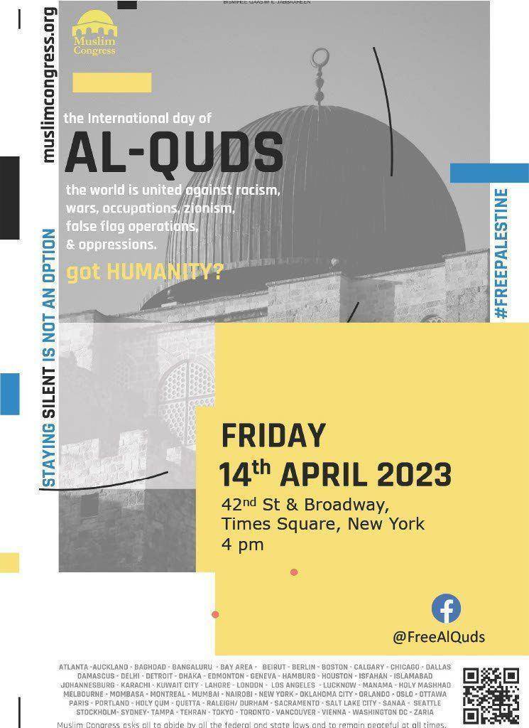 OppressionOrg's tweet photo. #AlQudsDay
April 14 #Friday
#TimesSq 4pm https://t.co/ShEGQK5Vy1