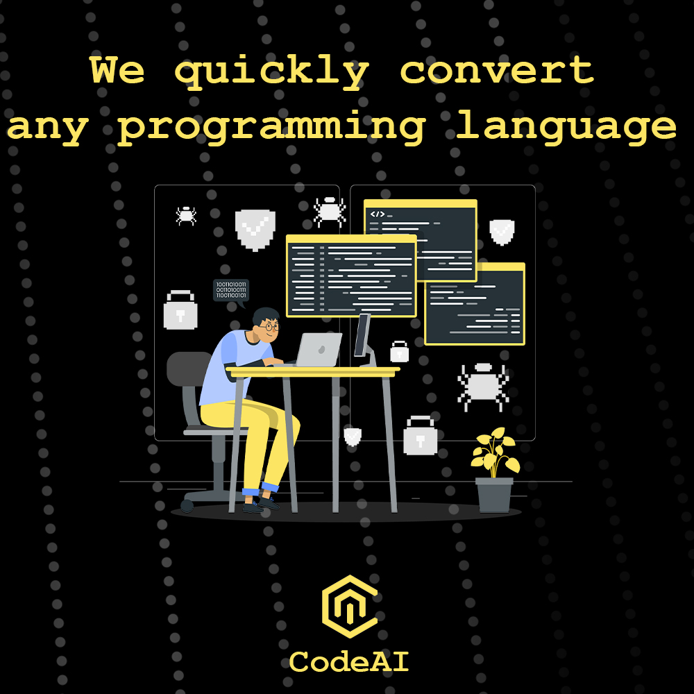 CodeAIspace's tweet image. Would you like to convert your code to another programming language easily?
Check out CodeAI! We will have a feature that can quickly convert code from one language to another, in a matter of seconds.🚀
Start your coding journey, join our Kickstarter
🌐 bit.ly/codeai-kicksta…