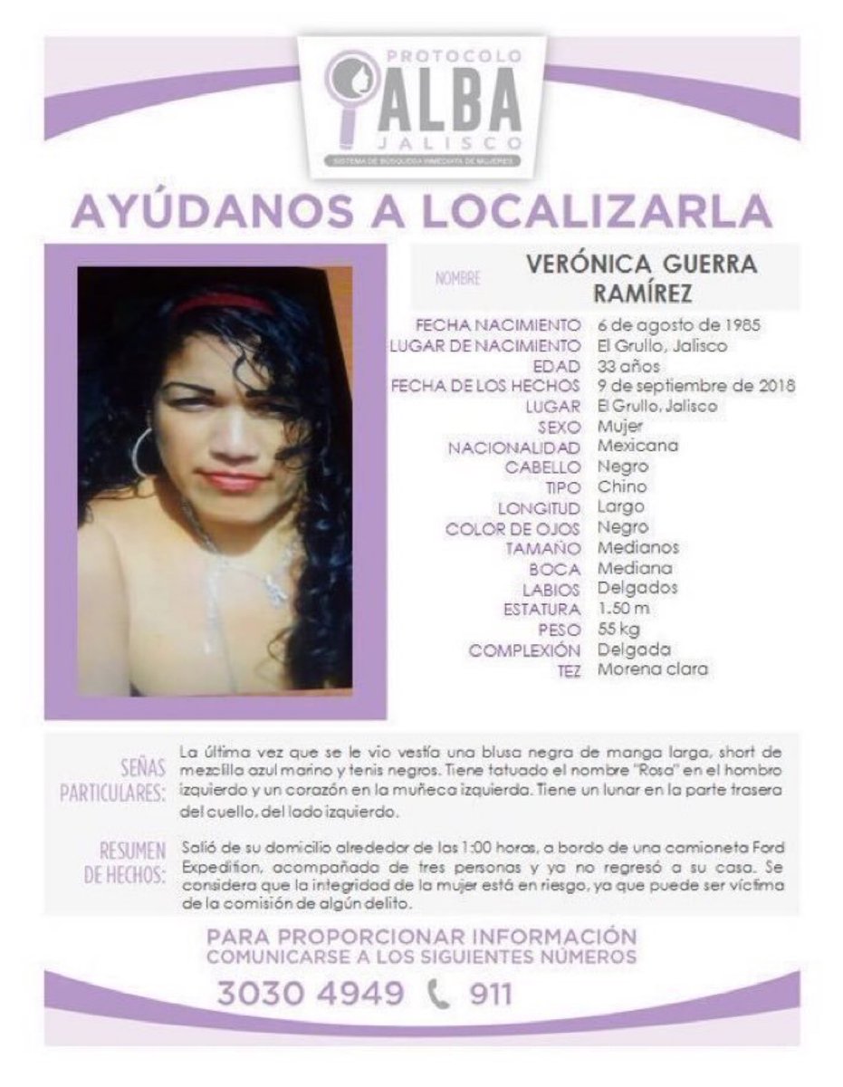 LaAlamedaJal's tweet photo. #TeBuscamos VERÓNICA GUERRA RAMÍREZ, de 33 años, 9/9/18 #Jalisco https://t.co/jr437pk0KT
