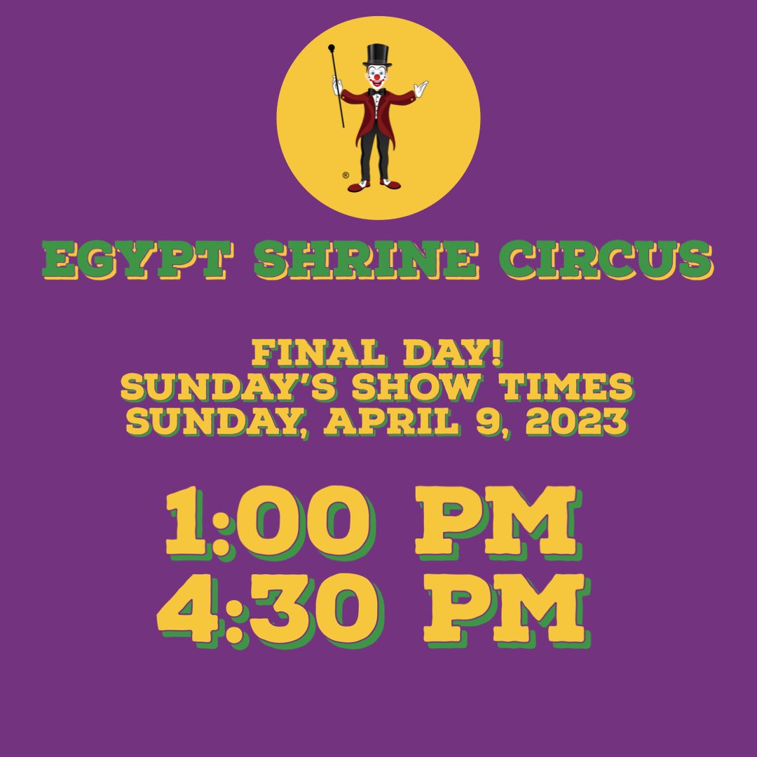 EgyptCircus's tweet photo. 🎪Today’s Show Times for Sunday April 9th, 2023:

These are our FINAL TWO shows: 1:00 pm &amp; 4:30 pm. 

Online ticket sales are live, info on our website https://t.co/J1lWaXerC8.  We hope you can join us!

#circus #shriners #shrinerscircus #shrinecircus #tampa #tampabay #florida https://t.co/PHaOvTDCYc