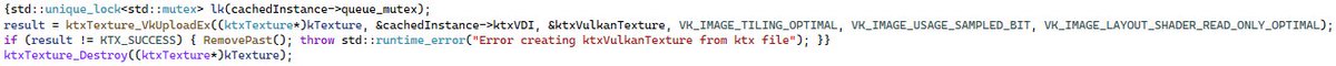 TooMuchVoltage's tweet image. Serious PSA: If you&apos;re doing multi-threaded asset streaming with #VulkanAPI and libKTX place your queue guard around texture uploads as well. It&apos;s one of the few places in the entire library that actually submits to queue. Otherwise, face texture corruption and random crashes.