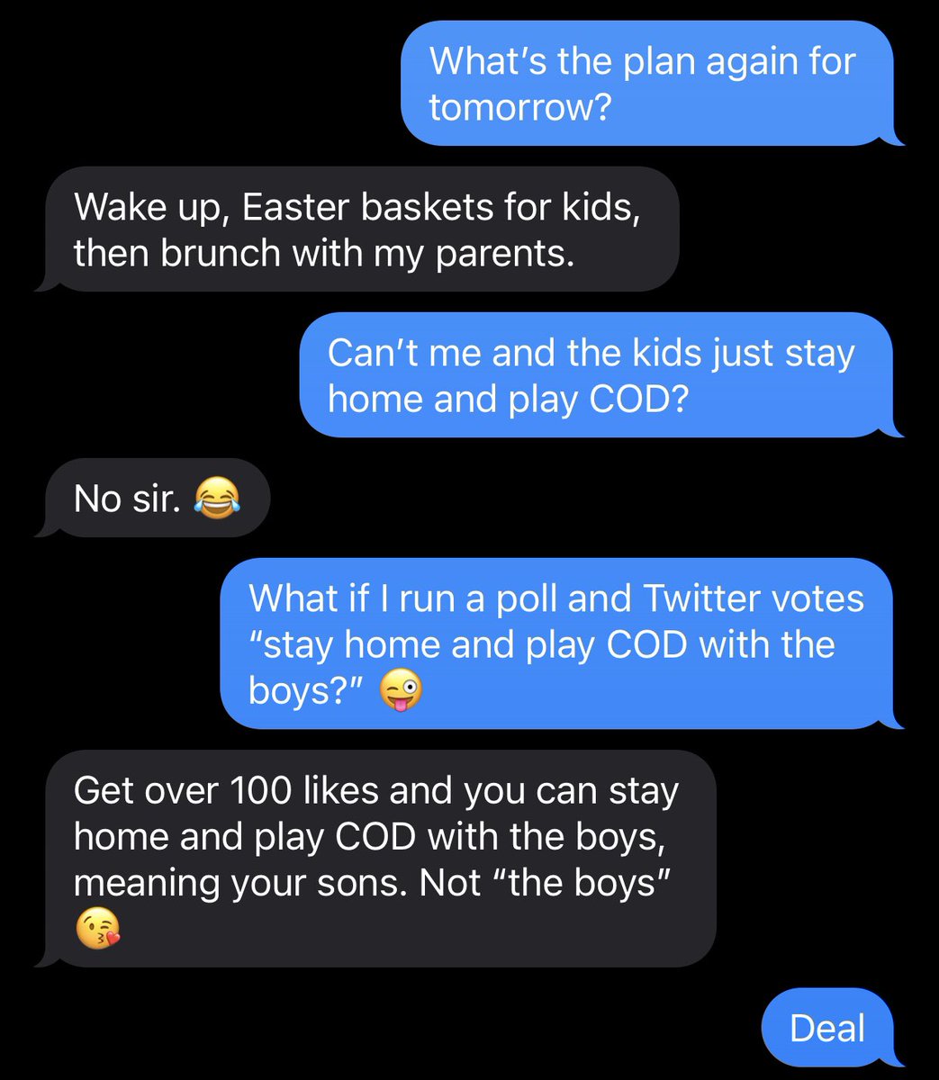 NolaFlightCEO's tweet photo. My wife said if I get 100 likes on this tweet, I can stay home and play COD with my sons instead of going to the in-laws for Easter brunch. Don’t let me down Twitter 🙏🏻 https://t.co/qlbGIgwQyc