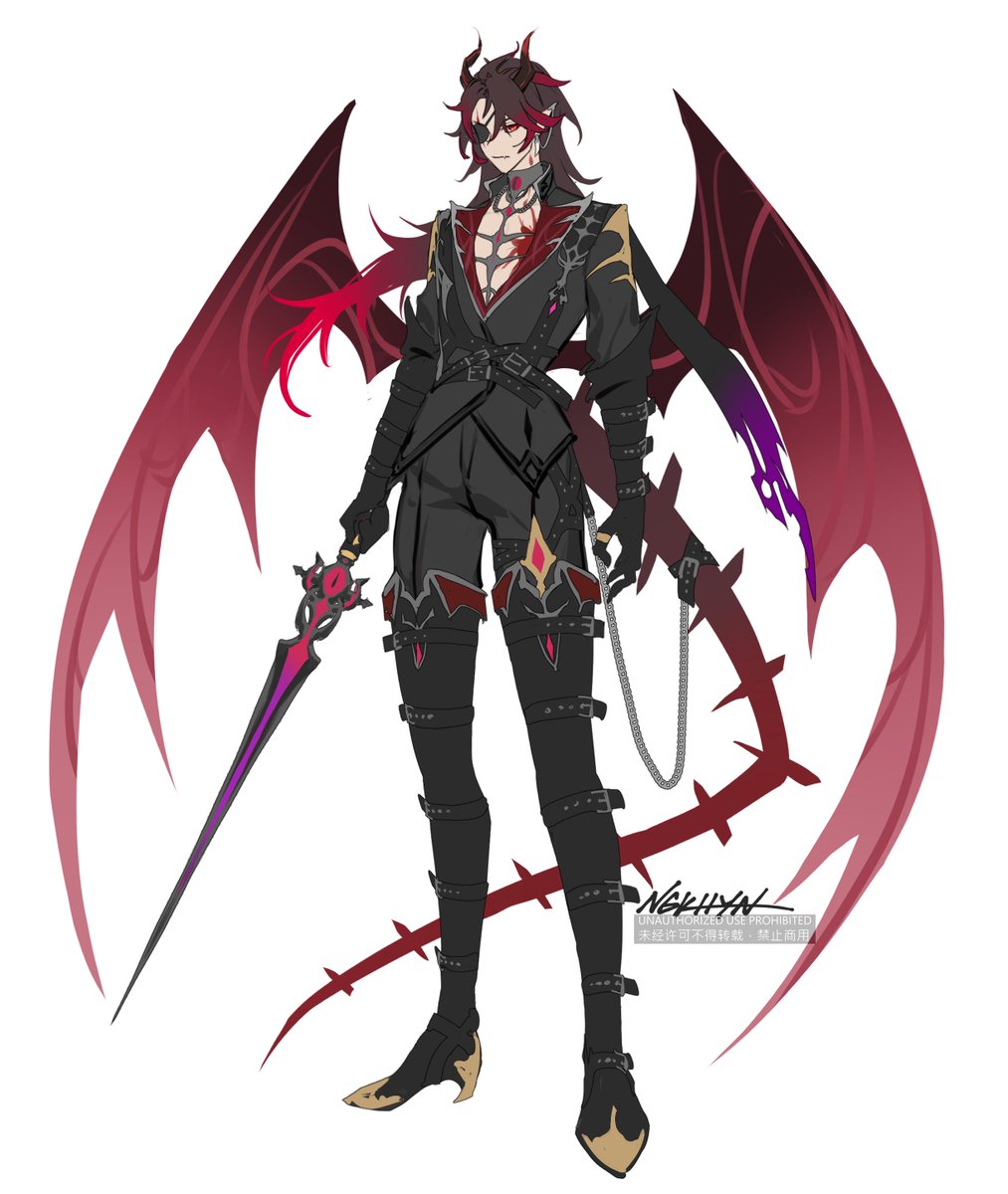 1boy male focus holding red hair weapon wings sword  illustration images