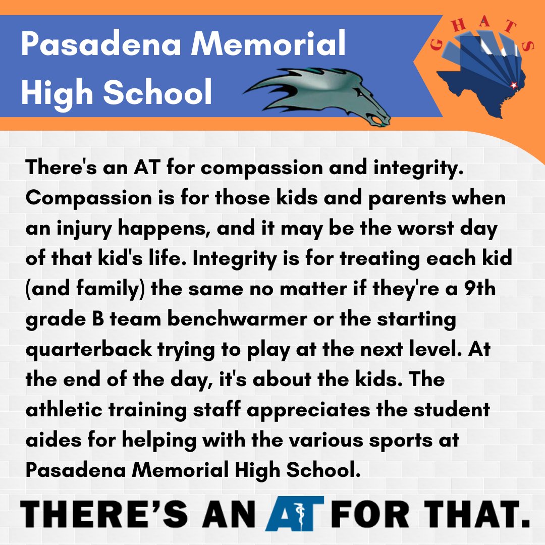 GHATSdotORG's tweet photo. There's an AT for compassion and integrity: Pasadena Memorial High School. #TheresAnATForThat #NATM2023 #AT4ALL #AT4Me @NATA1950 @SWATAD6 @tsata_team @TexasSSAT https://t.co/tw2Tl61Mhy