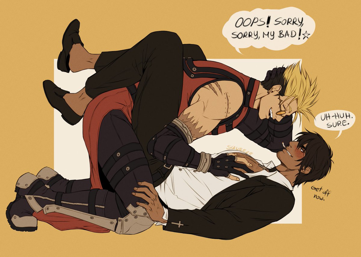 [ trigun, #vashwood ]

vash """accidentally""" falling on top of wolfwood, what a klutz smh