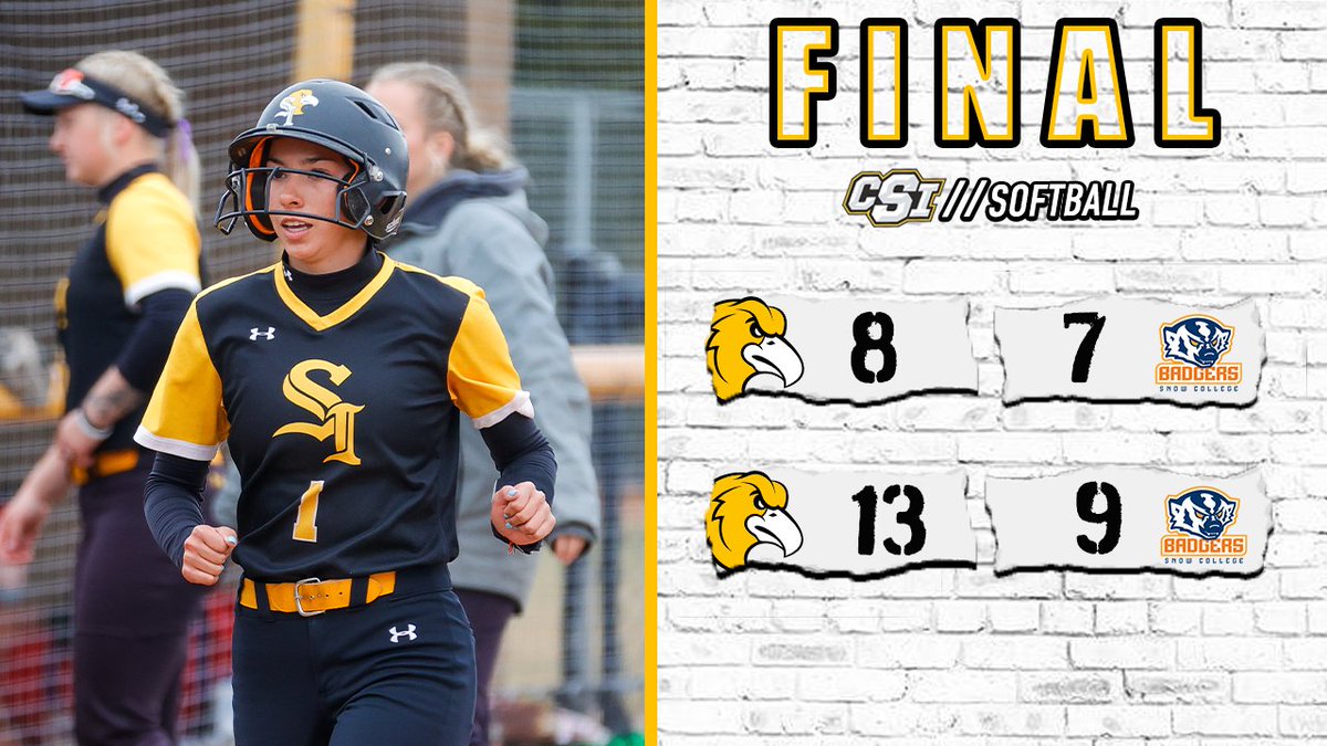 CSIAthletics1's tweet photo. FINAL

The CSI Softball team is coming back home with a sweep!! Golden Eagles take both games of the doubleheader to push their win streak to 8 games! CSi will be back in action next weekend as they host Southern Nevada!

🦅🥎💪 https://t.co/ctac9usi9a