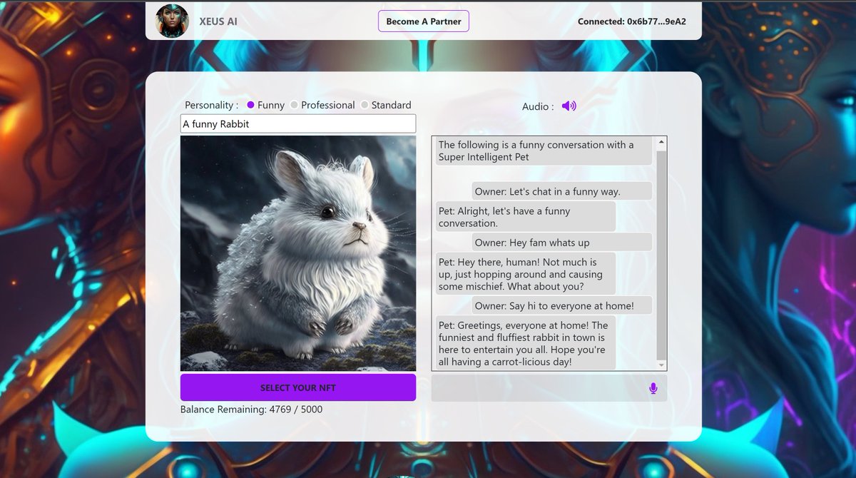 WORLDS FIRST NFT CONVERSATIONS 🎉

Owners of Super Intelligent Pets can now meet &amp; customize them! 💃🕺

Ya'll seen it here first. Super AI Utility. Not some BS fake utilities.

Connect / Partner:
xeus.ai/apps/wonderpet…
Buy:
opensea.io/collection/won…

More details in Discord.