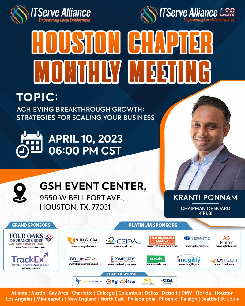 ITServeorg's tweet photo. Houston Chapter Monthly Meeting - April 10, 2023

#ITServe #ITServeAlliance #houston #itservehouston #bussiness #growth #strategy https://t.co/m5oEn1gaNM