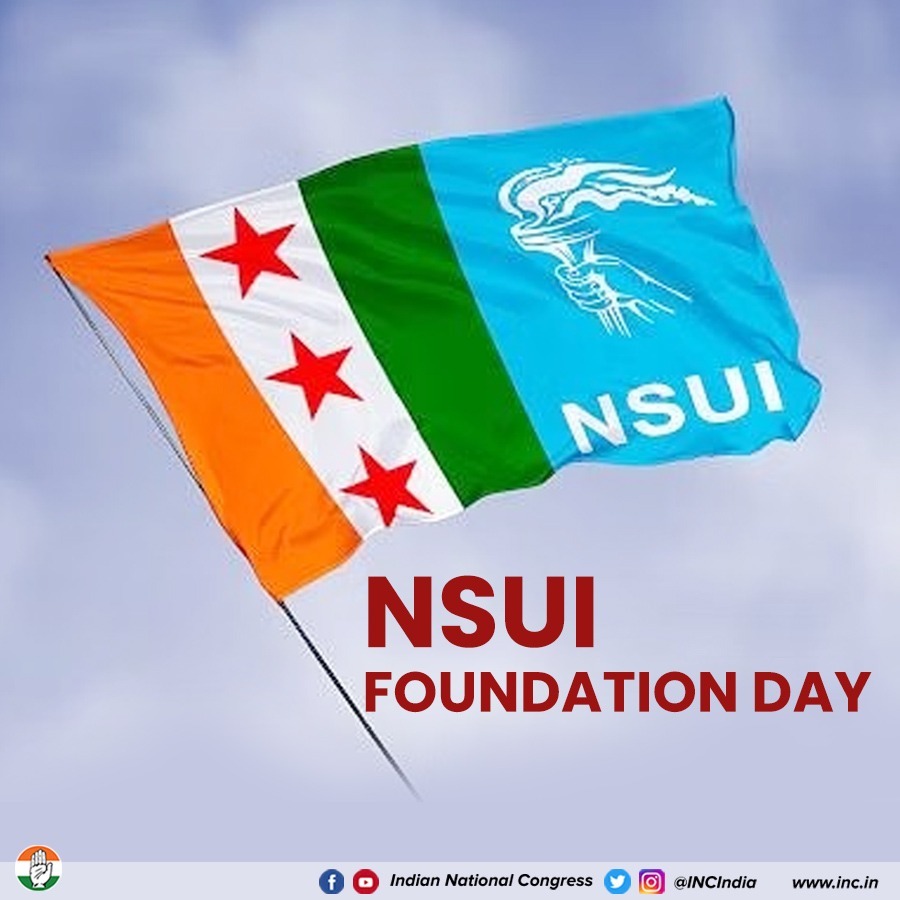 INCIndia's tweet photo. Many congratulations to NSUI on their Foundation Day!
We salute the young &amp; bright students associated with this vibrant organisation. 

NSUI has given some of the greatest political leaders to the nation &amp; has been actively shaping state and national politics for decades. https://t.co/yHiVvmfhhx