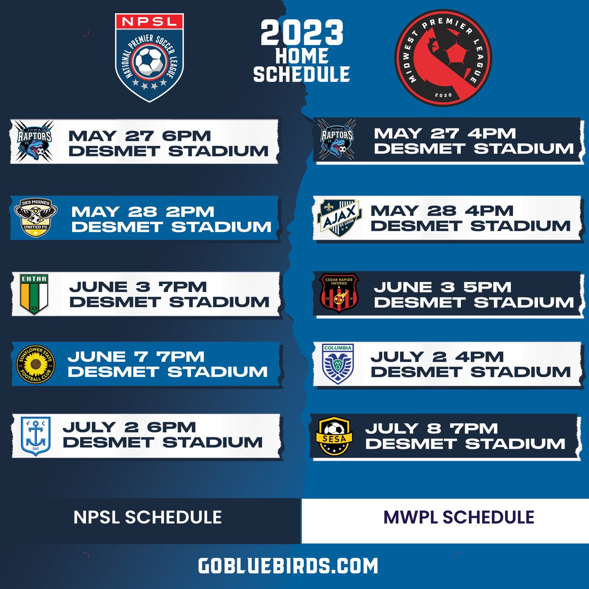 It's official! Our 2023 Home Schedules are here. New chapter in Club Atletico history with a new MWPL team addition. More games, same high level team. 
#NPSL #MWPL #UnitingCulturesThroughSport #stlsoccer
