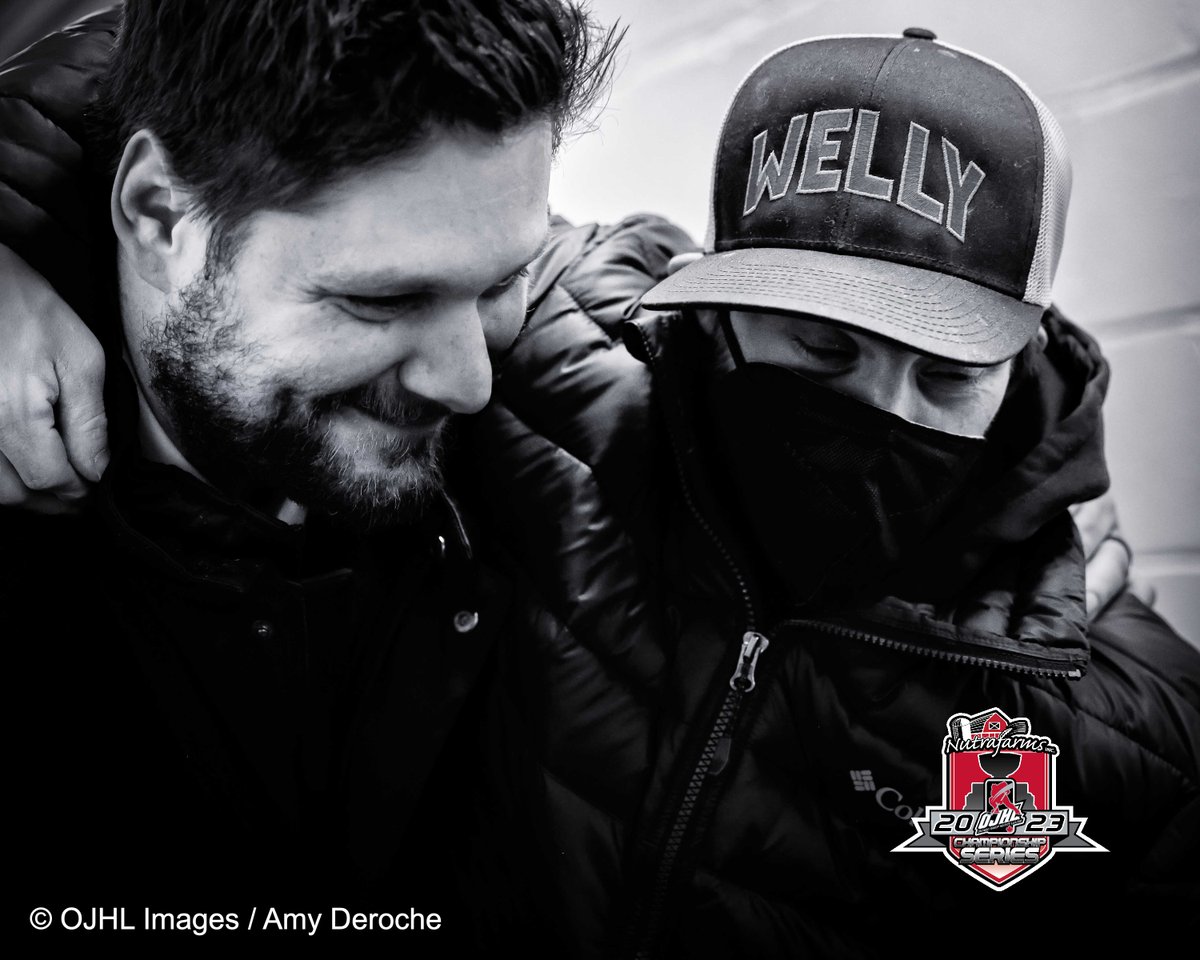 Coach Derek Smith <a href="/OJHLDukes/">Wellington Dukes</a> has a moment celebrating with Joey after they win game 2 in the Conference Championships. <a href="/ojhlimages/">OJHL Images DOP</a> <a href="/OJHLOfficial/">OJHL</a>